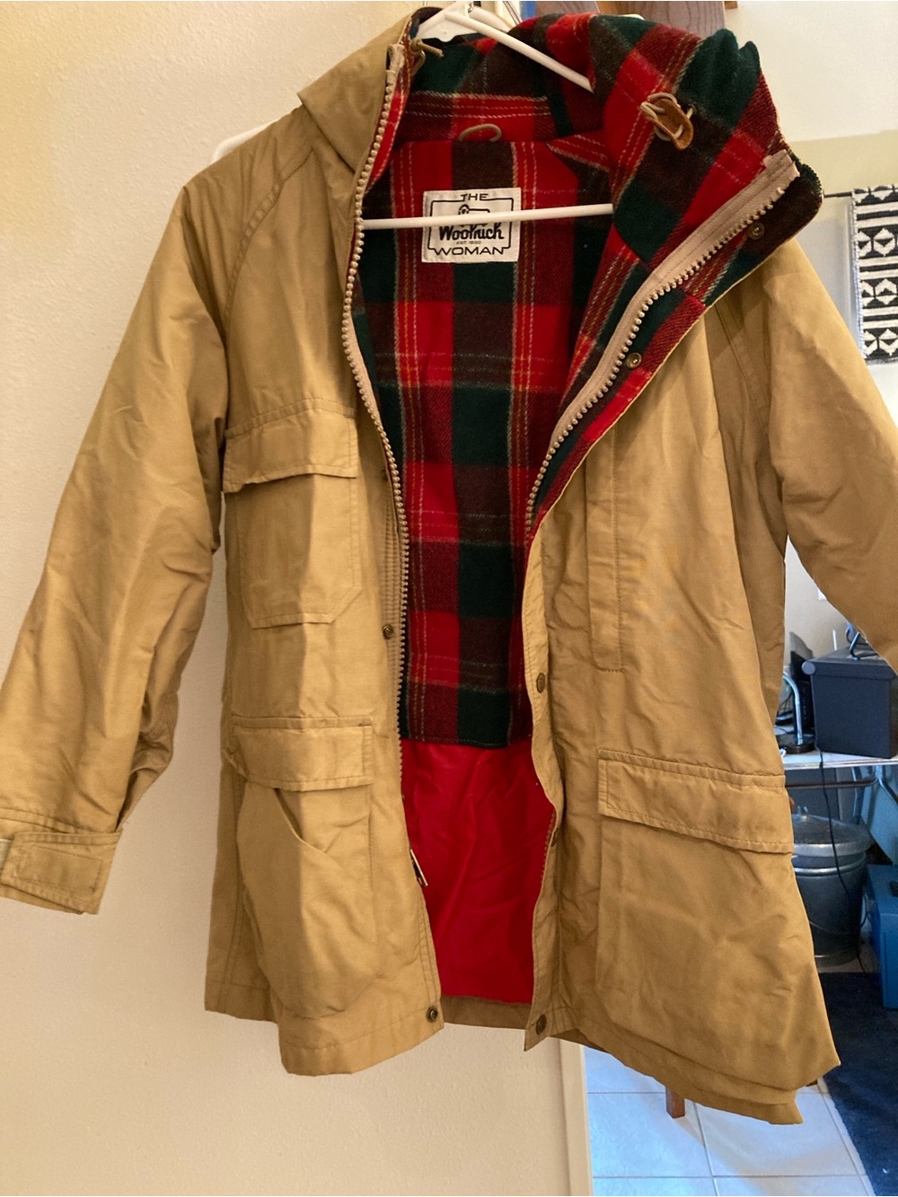 Woolrich Tan Utility Jacket with Red & Green Plaid Lining